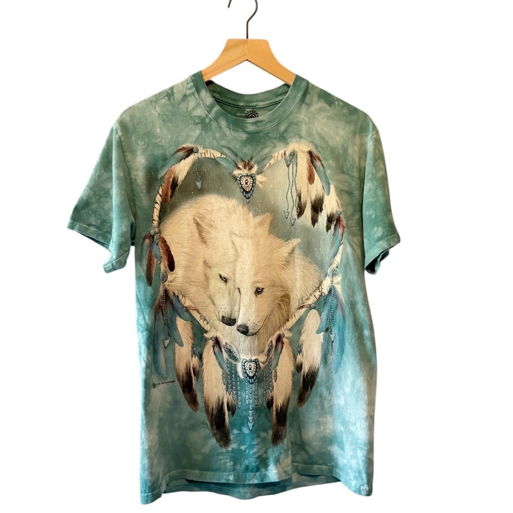 The Mountain White Wolf Dreamcatcher Tie Dye Graphic T-Shirt Mens Medium Green